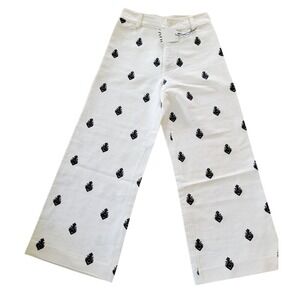 Zara XS Embroidered‎ Wide Leg Linen Pants Oyster White ZW Collection Aztec NWT